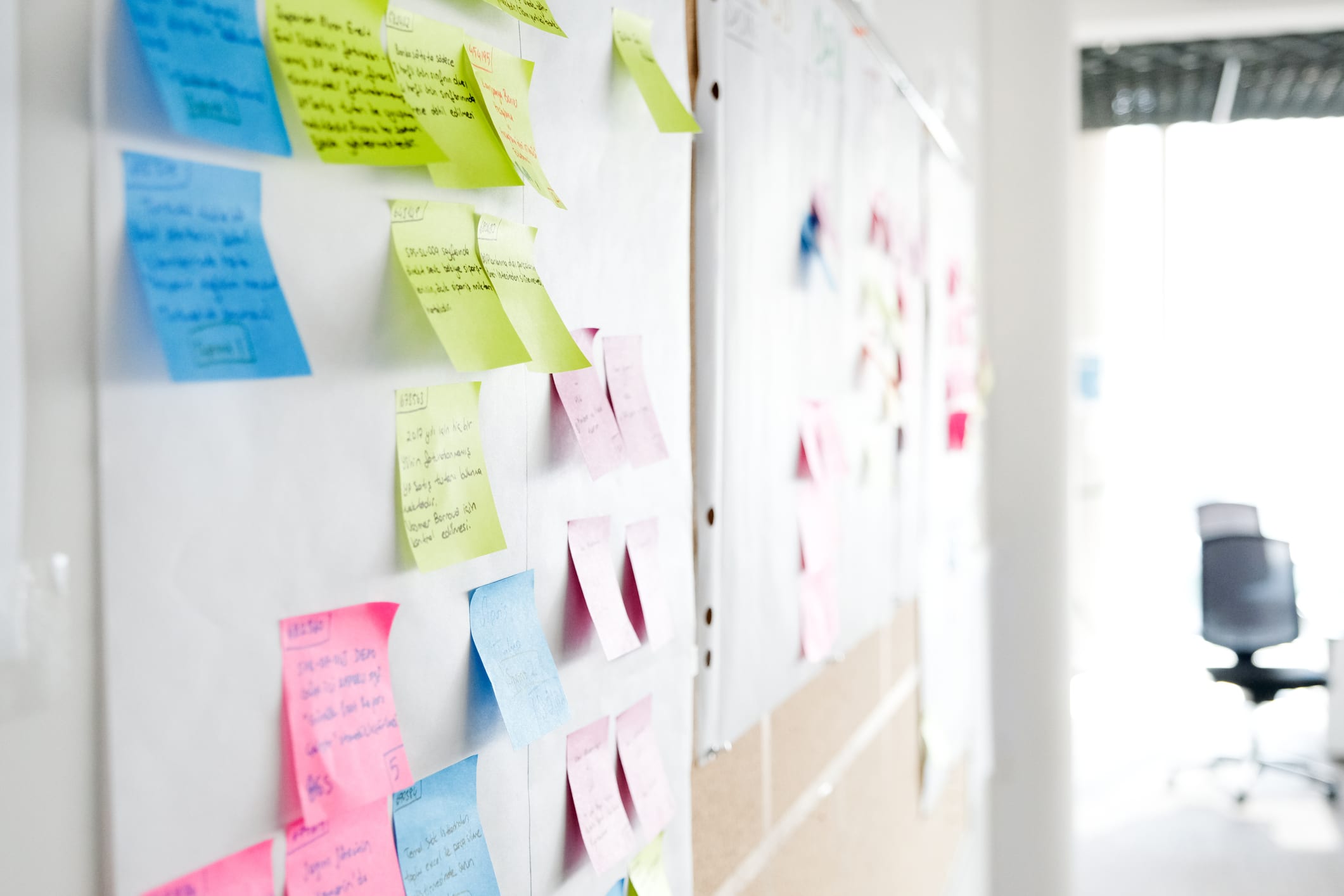 Wall with full of multi coloured adhesive, sticky notes, project planning.