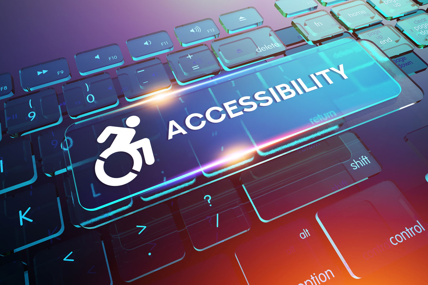 Computer drawn keyboard with large key depicting wheelchair and word "Accessibility"