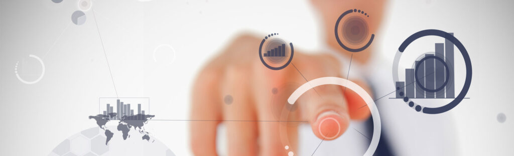 A finger touches a technology related graphic
