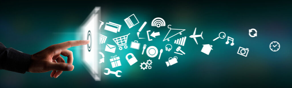 A hand touches an illustration of a computer tablet, making lots of icons fly out