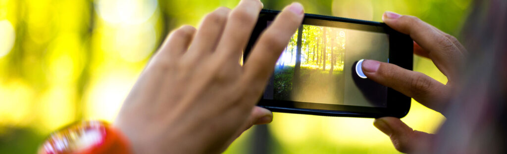 Using a mobile phone to take a photo of a forest
