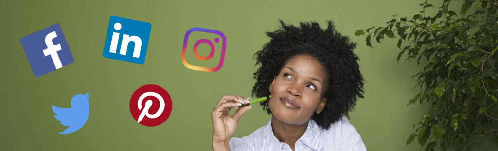 Pensive woman looks at floating social media platform icons