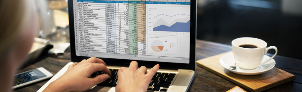 Woman typing on a laptop that has excel open