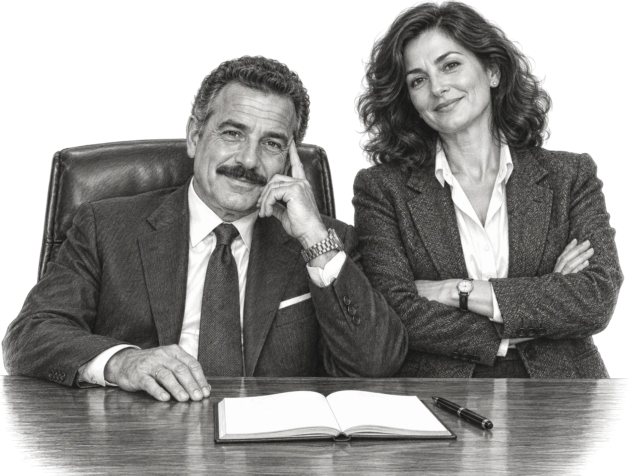 Pencil-style illustration of a confident executive team: a man seated at a desk with an open notebook and a woman standing beside him with arms folded
